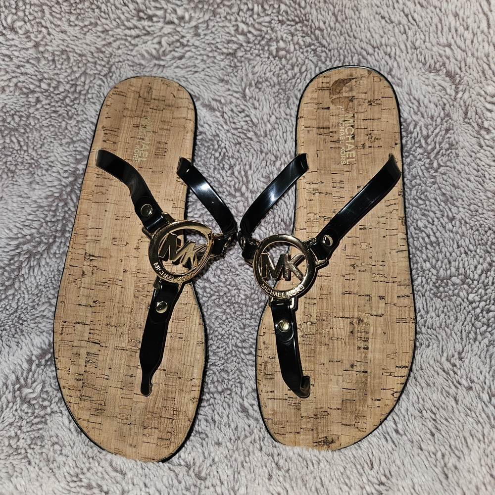 Michael Kors MK Charm Jelly Thong Sandals Black Cork Footbed Gold Logo Women's 8